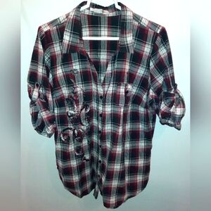 Maurice’s maroon and black lightweight Size 1 button-up plaid blouse GUC
